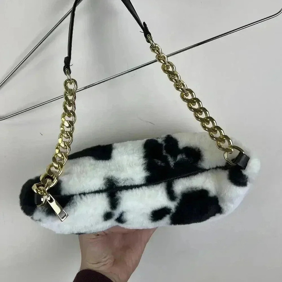 Chic Cow Print Faux Fur Shoulder Bag - Picture 3 of 6